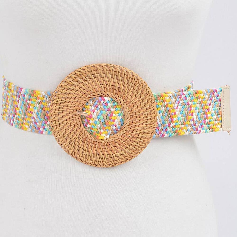 Multicolor Round Bamboo Buckle Elastic Belt Large